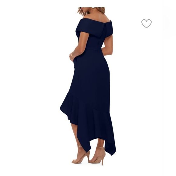 NEW XSCAPE Ballgown Navy Blue Assymetric Hem Crepe Formal Off Shoulder Size 6P - Picture 2 of 11